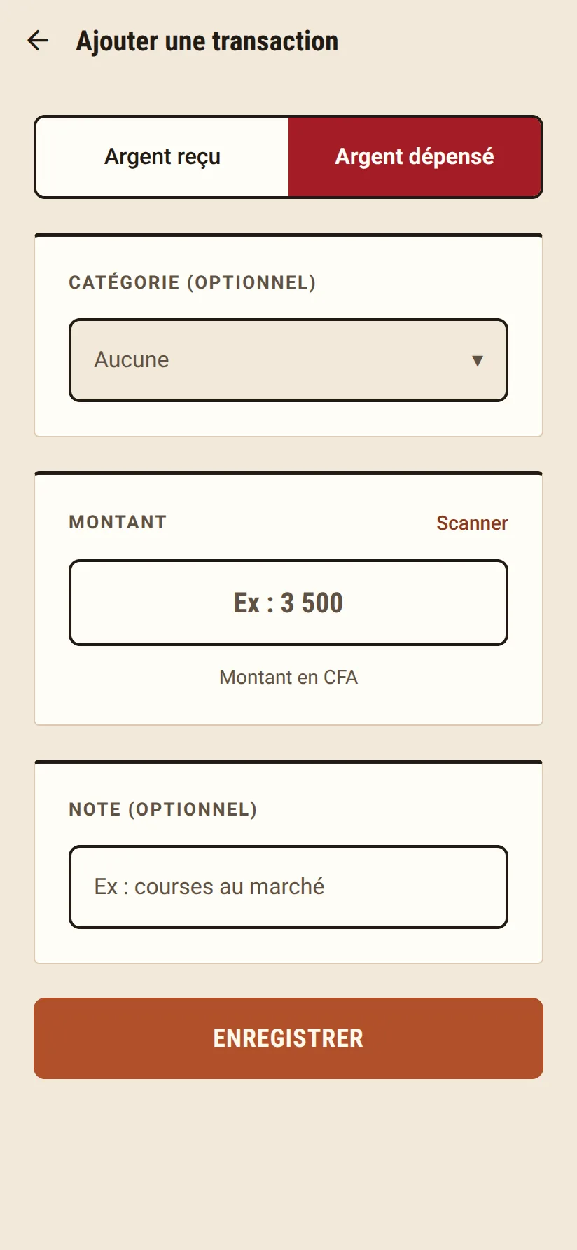 Formulaire d'ajout de transaction dans Kessou